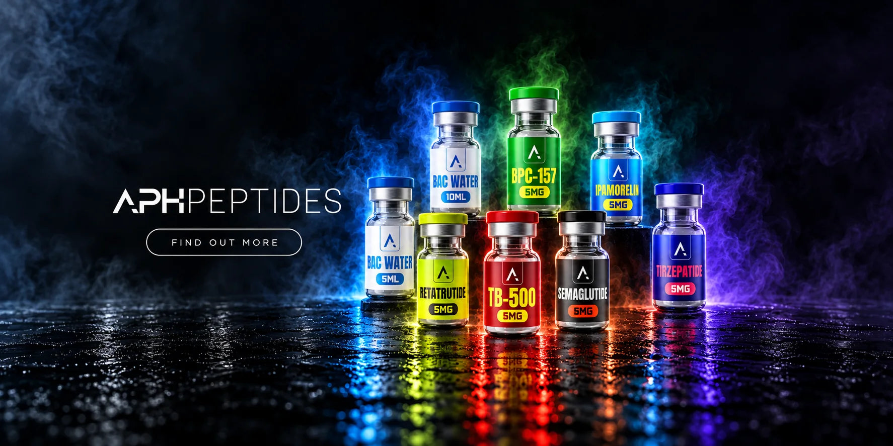 APH Peptides vials - BPC-157, TB-500, Ipamorelin, Semaglutide, Retatrutide, Tirzepatide and BAC Water